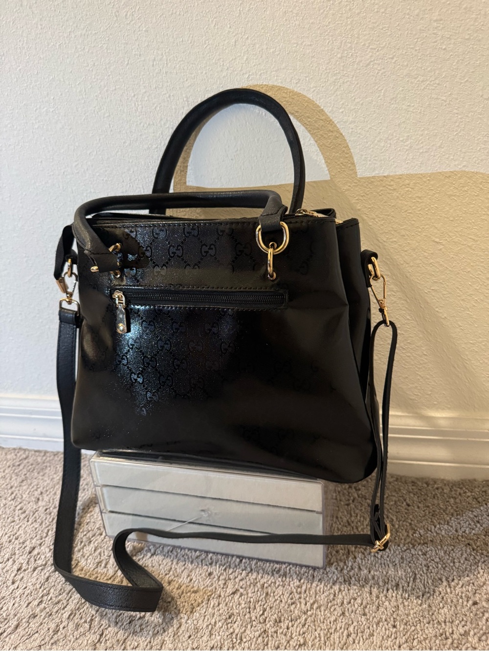Black Patent Shoulder Bag with Gold Hardware